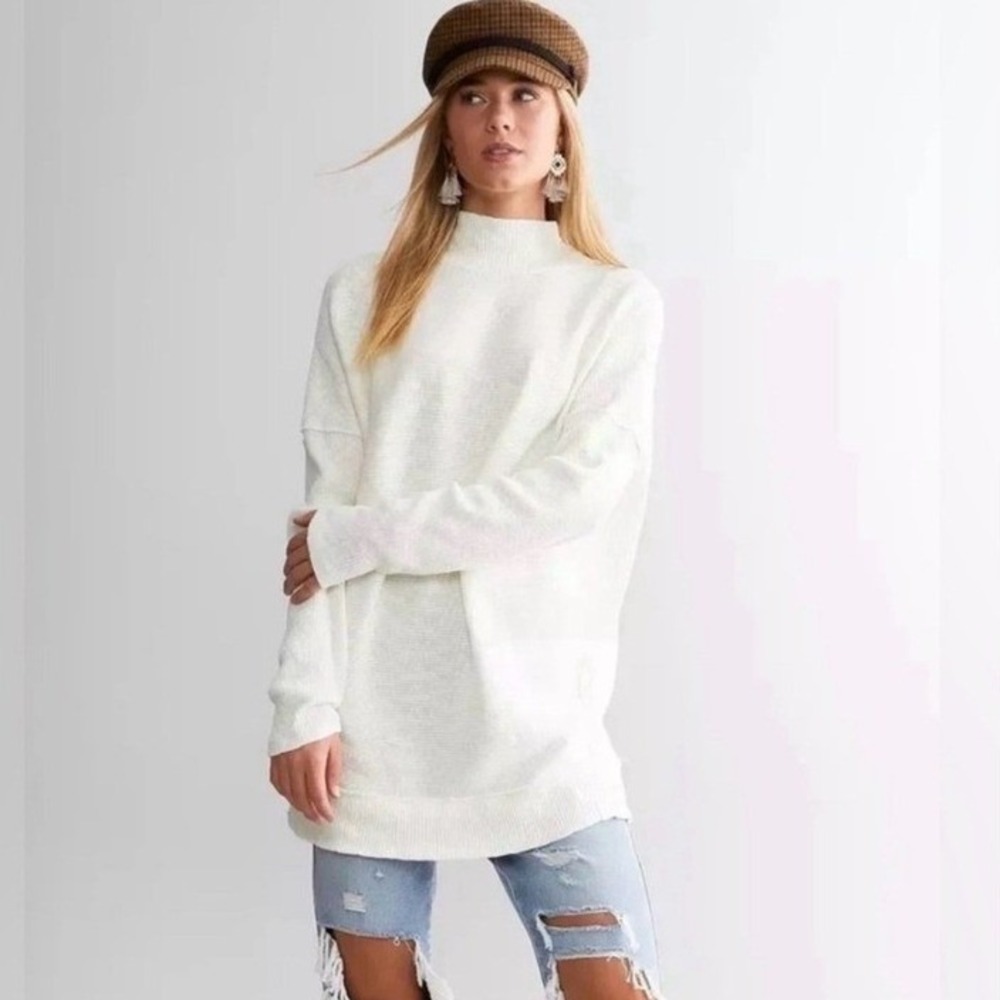 We The Free‎ People Casey Mock Neck Top Women's Size M Cream Ribbed Long Sleeve